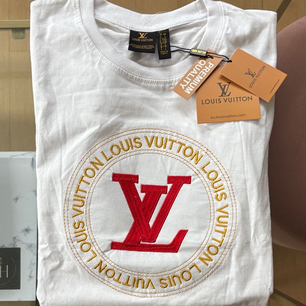 Louis Vuitton White Tee with Red and Gold Logo